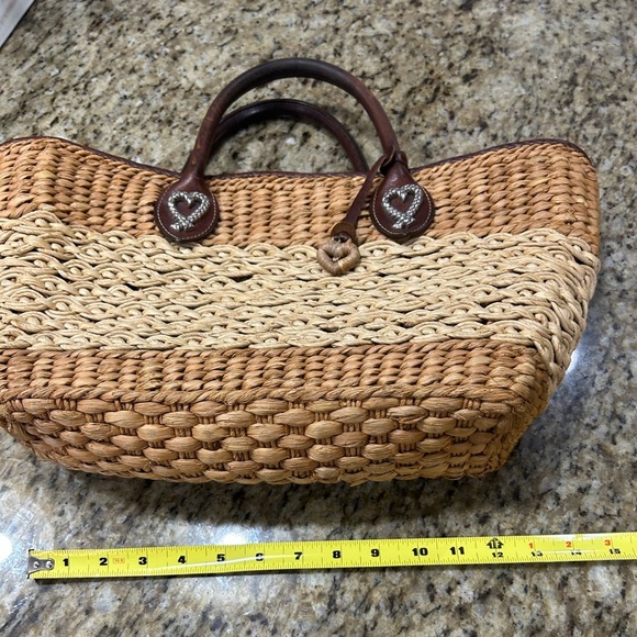 Boho Vintage  Brighton Tan and Brown Woven Tote Bag with Leather Handles. - Picture 9 of 13